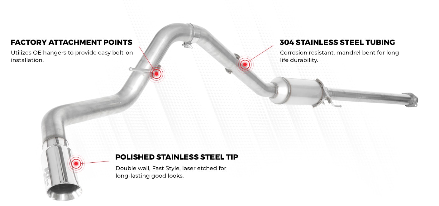 K&N Exhaust Benefits: factory attachment points, 304 stainless steel tubing, polished stainless steel tips